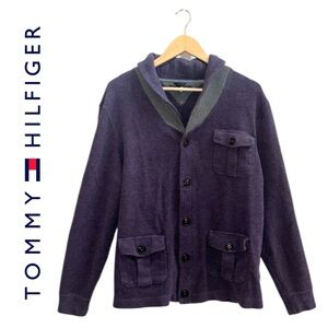 TOMMY HILFIGER Purple Cardigan Sweater Blazer Shawl Collar Cotton Knit TH Men L